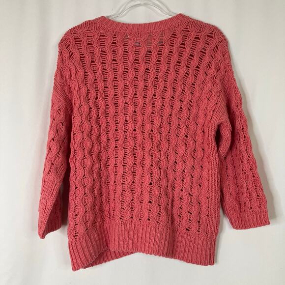 Chico's | Salmon Coral Pink Full Zip 3/4 Chunky Knit Sweater Chico's 2/US Large - Picture 3 of 4